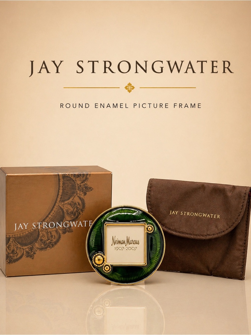 Jay Strongwater Round Enamel Frame Green Gold Mini Easel Clip Box